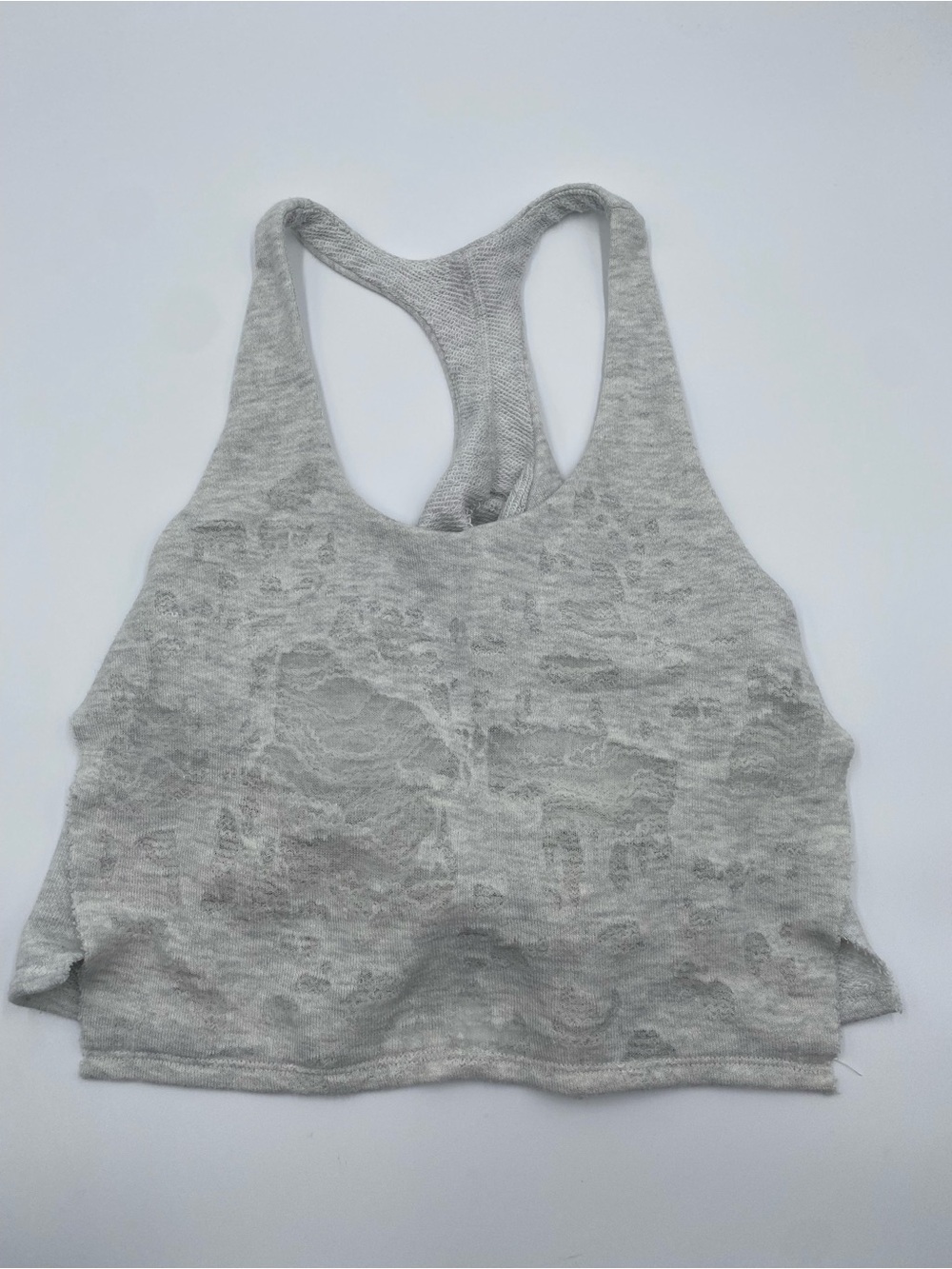 ALO Yoga Light Gray Racerback Distressed Sweatshirt Detail Crop Top Size XS